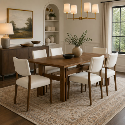 Ensemble de salle à manger moderne 7 pièces, table de cuisine rustique en bois massif et chaises pour 6, design spacieux et durable avec finition noyer