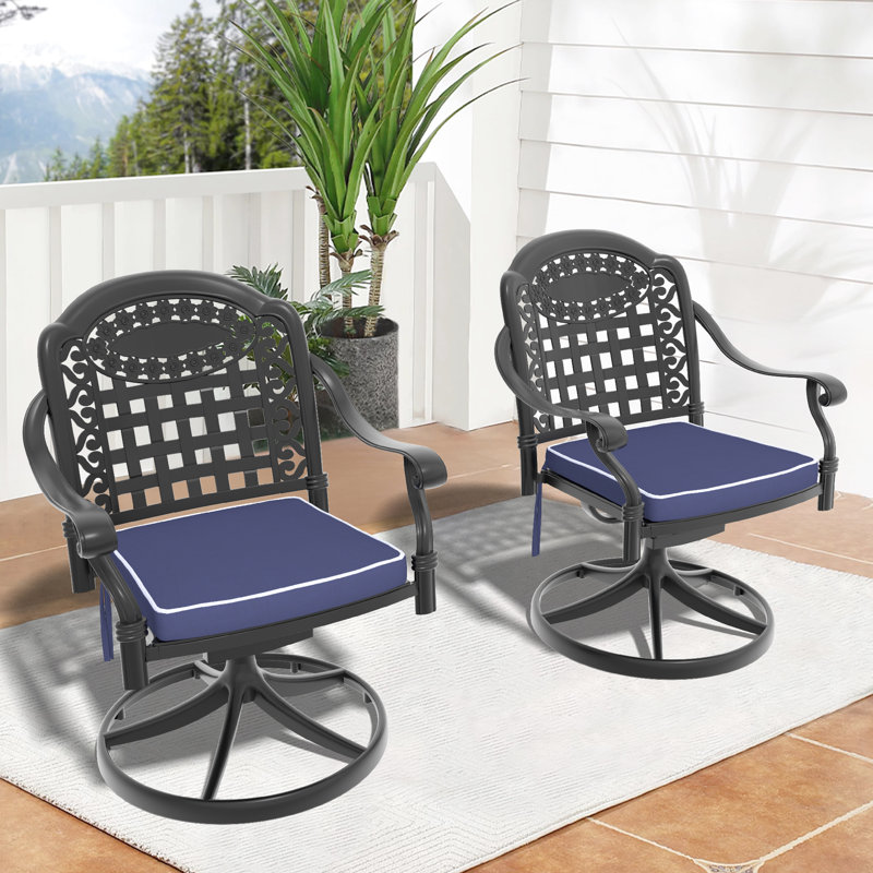 Ensemble de 2 chaises d'extérieur pivotantes en fonte d'aluminium avec coussins bleus
