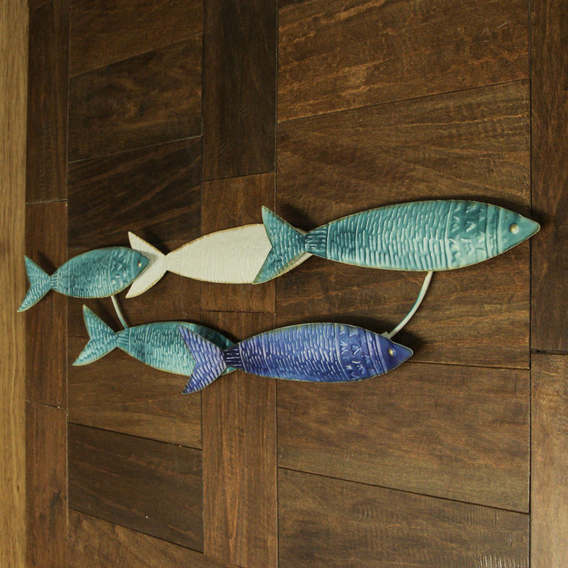 Blue and White Metal Coastal Fish Wall Sculpture 34 Inch