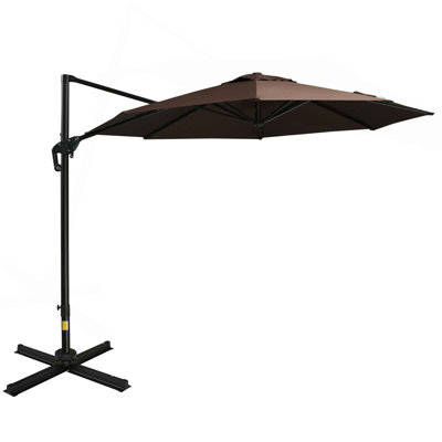 Parasol de patio décalé de 10 pi Outsunny avec base, parasol suspendu en aluminium et en porte-à-faux en acier avec rotation à 360 °, inclinaison facile, 8 nervures, manivelle, base transversale incluse pour la cour, le bord de la piscine, le jardin