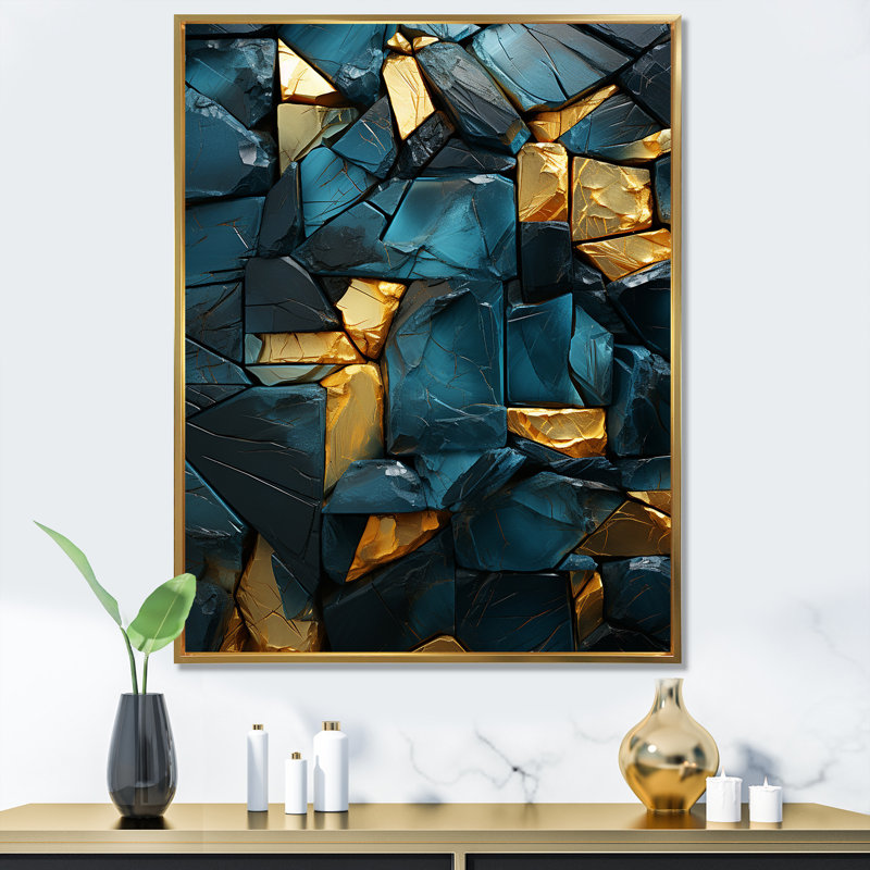 Décoration murale bleue et dorée Elegance I - marbre, Cadre flottant doré, H 32 po x l 16 po x P 1 po
