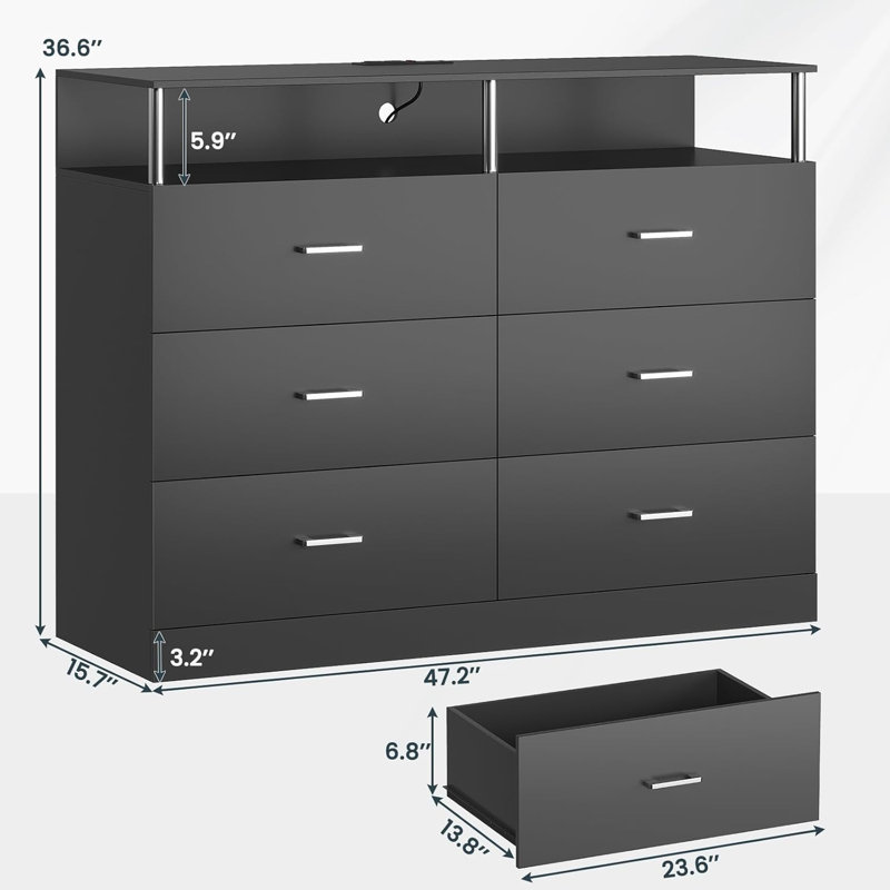 Tomiah 47.2'' W 6 - Drawer Dresser, Black