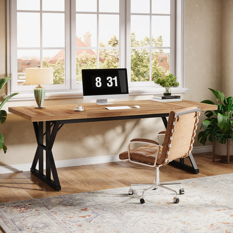Metal Base Computer Desk, 29.52" H x 70.87" W x 31.49" D, Light Brown/Black