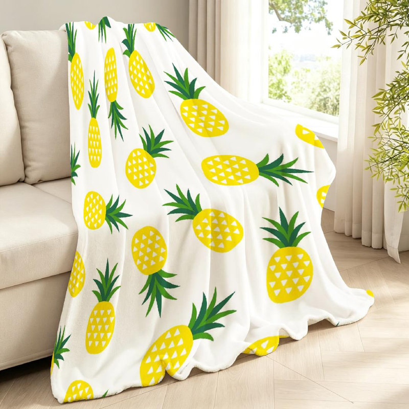 Jeté en flanelle verte très douce, ananas jaune avec imprimé recto, Throw 40" x 50"