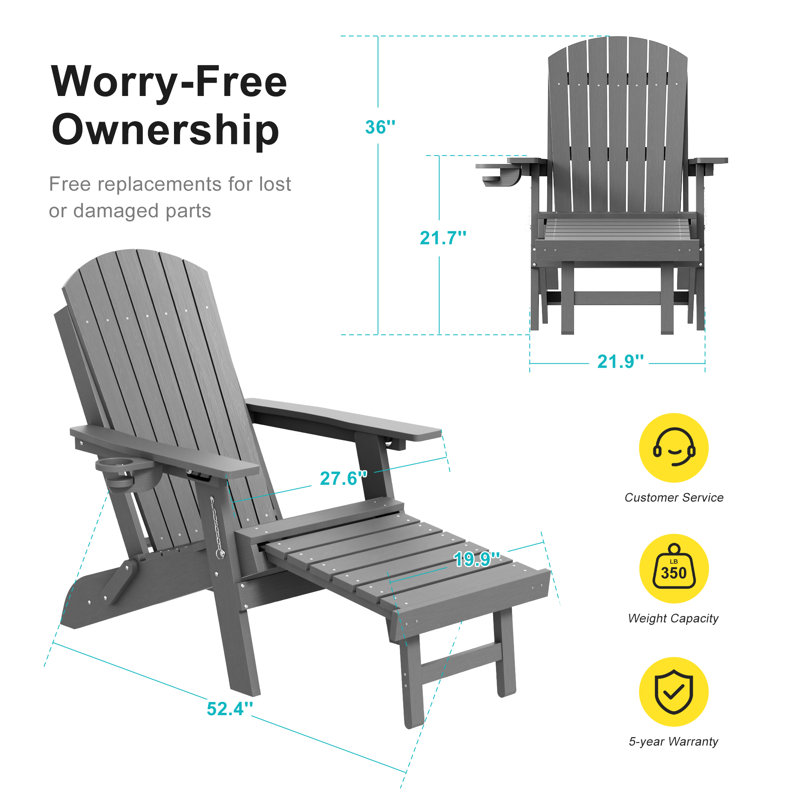 Chaise pliante Adirondack avec repose-pieds rétractable et porte-gobelet, réglable à 3 positions pour le patio, assise extérieure toutes saisons