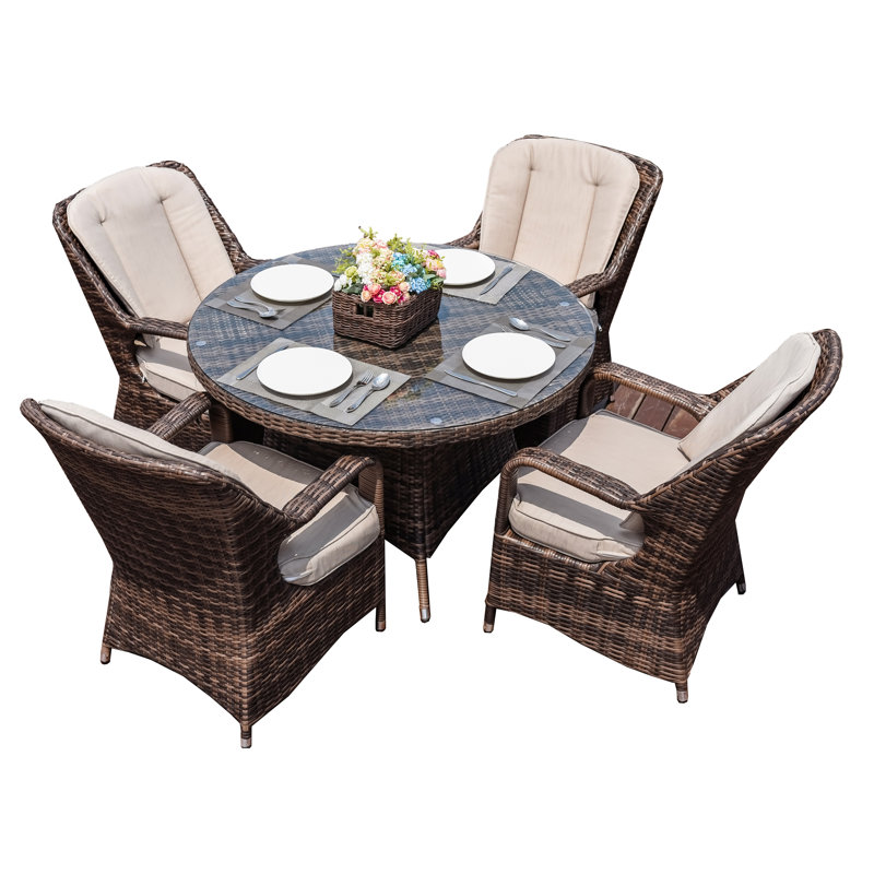 Brown Wicker 5-Piece Round Outdoor Dining Set with Beige Cushions