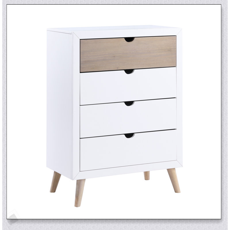 Commode de rangement blanche et naturelle avec tiroirs en queue d'aronde pour les chambres de jeunes, idéale pour la vie organisée