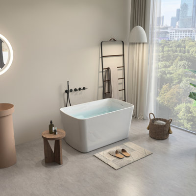 Square - Shape Japanese 49'' Acrylic Freestanding Soaking Tub Sit In Design Overflow Drain Express Delivery Glossy White Bathtub Hot
