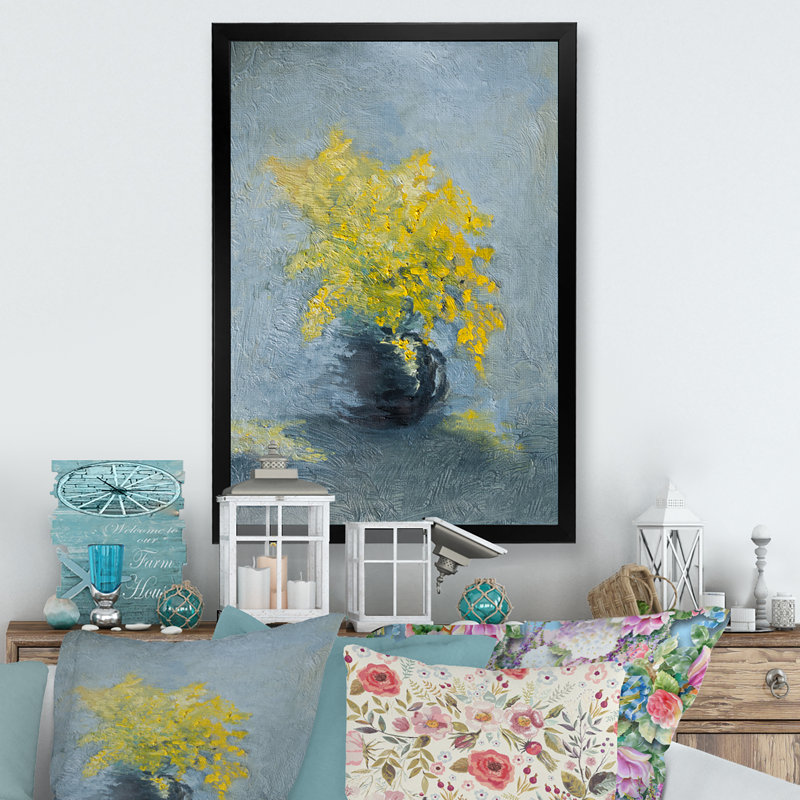 Nature morte jaune et bleu Mimosa - Peinture, H 32 po x l 16 po x P 1 po, Cadre photo noir