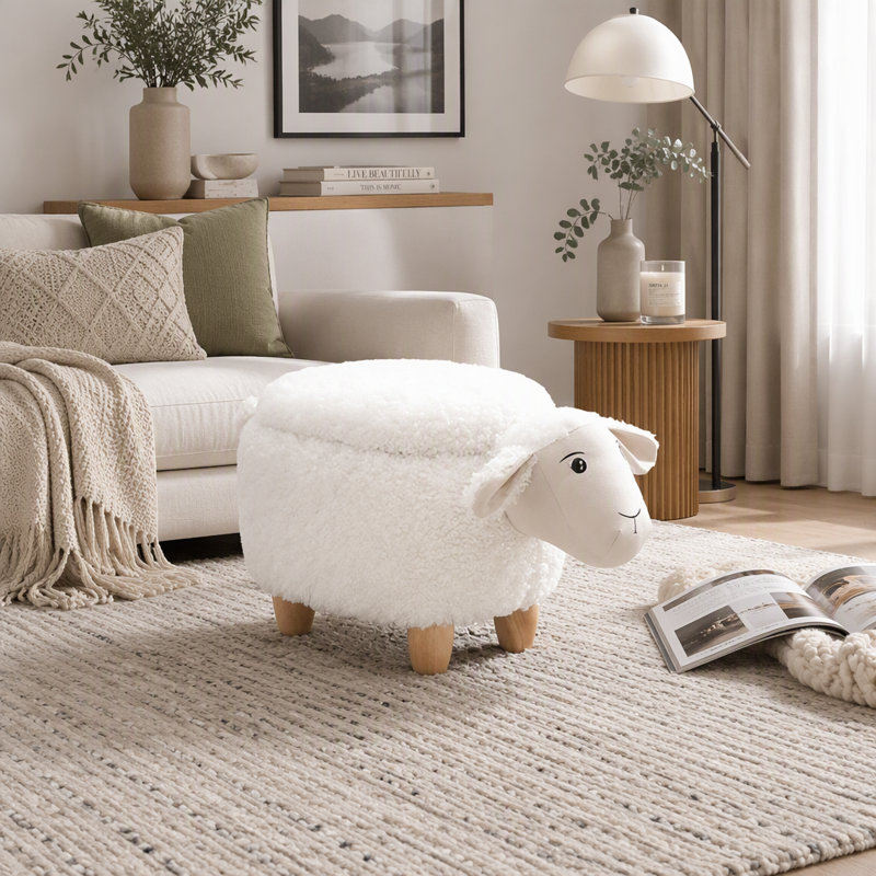 Repose-pieds avec rangement en mouton avec pieds en bois massif et rangement caché