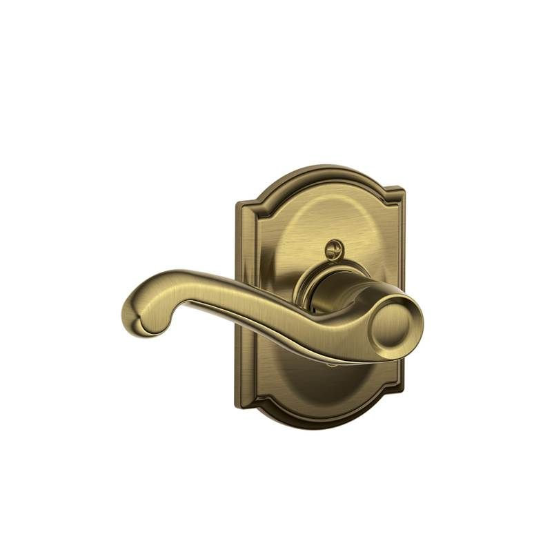 Flair Lever with Camelot Trim Non-Turning Lock, Antique Brass, Left Hand
