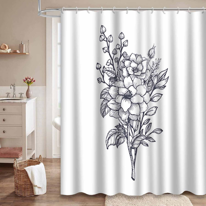 Rideau de douche imperméable à motif floral noir et blanc avec 12 crochets, L 72 po x l 84 po