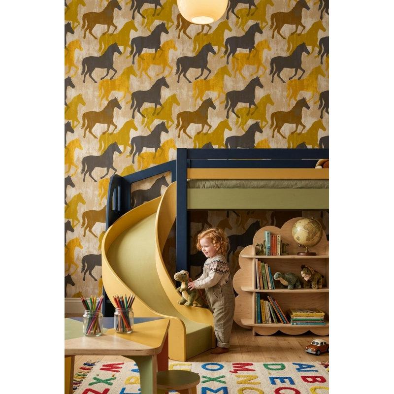 Cheval et silhouettes de papier peint jaune moutarde amovible, Peler et coller