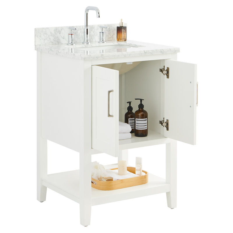 Meuble-lavabo 24 po avec plateau en marbre de Carrare et vasque en céramique Jearold, Blanc