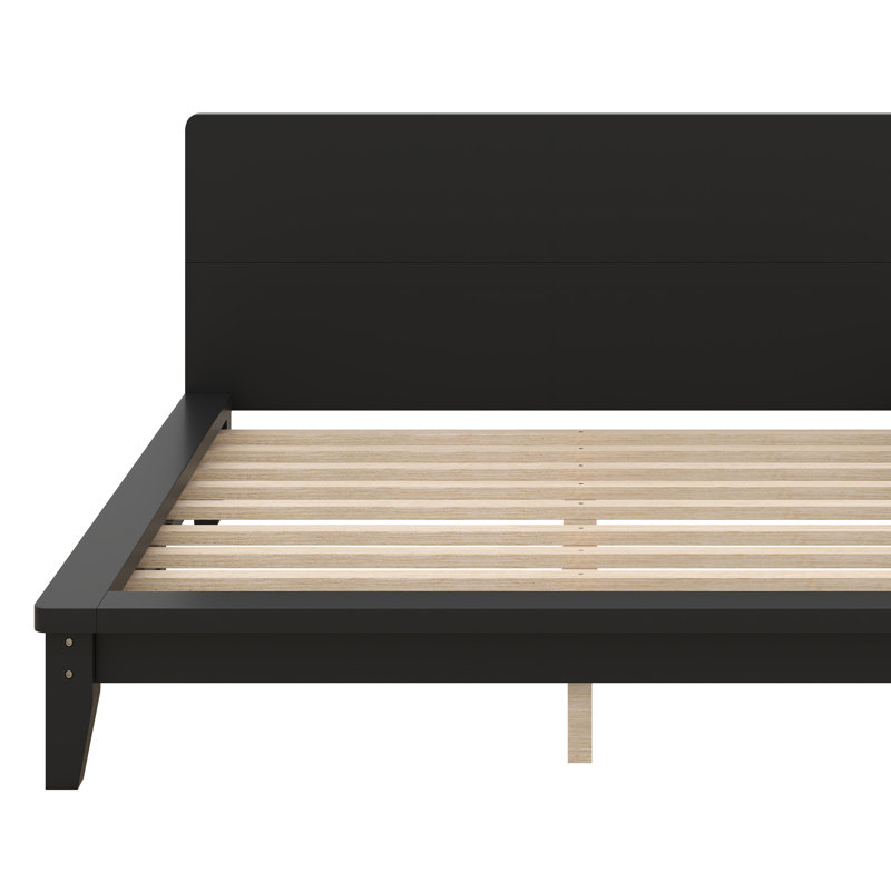 Base de lit en bois avec tête de lit, lit plateforme Mid-Century moderne, Noir, Lit double
