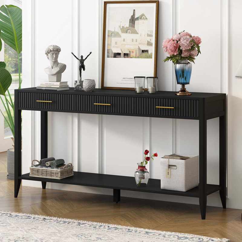 Console 60 po avec 3 tiroirs 60 po, Noir / Noir