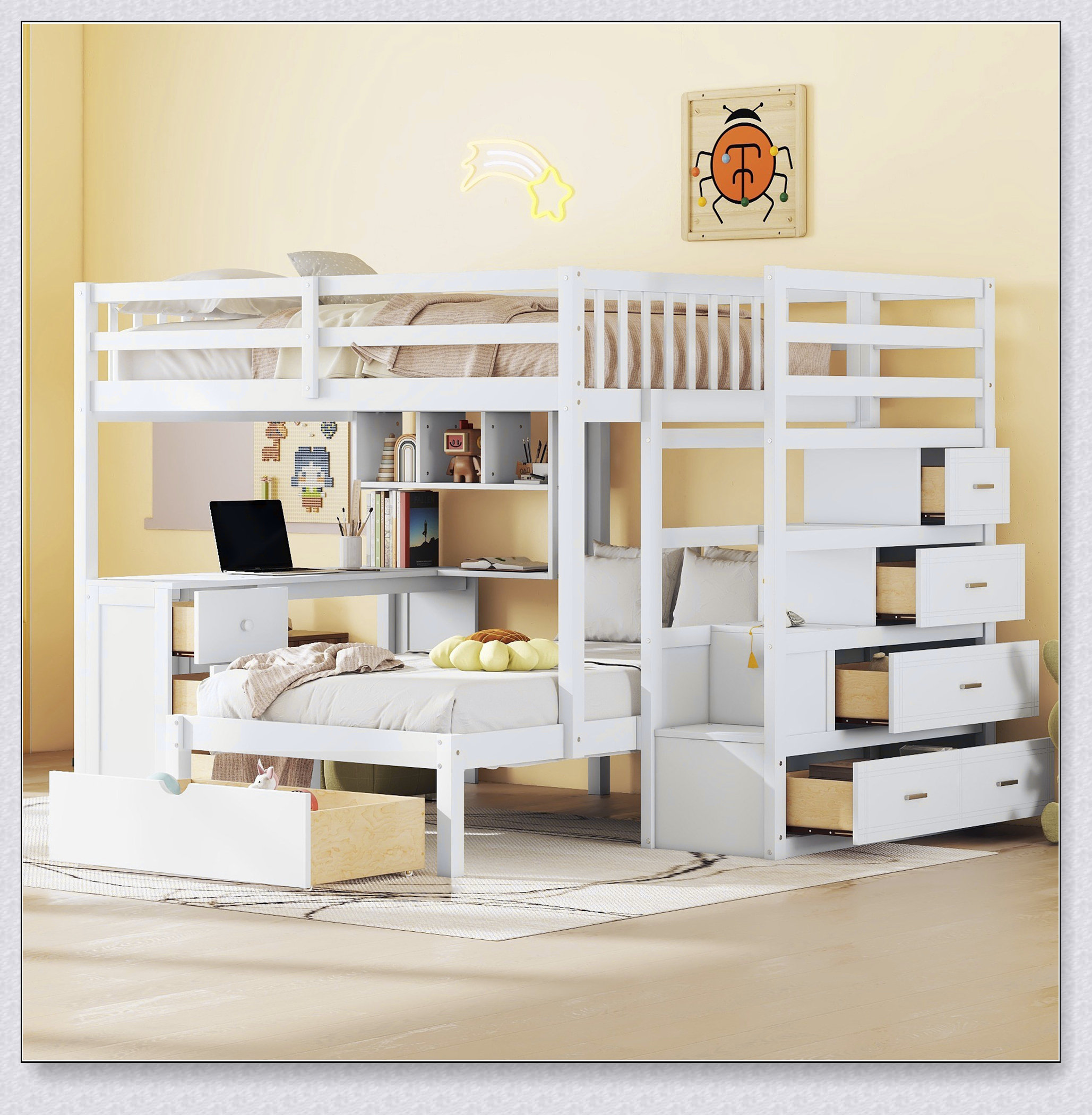 Latitude Run® Full Over Twin Bunk Bed With Desk, Drawers And Shelves ...
