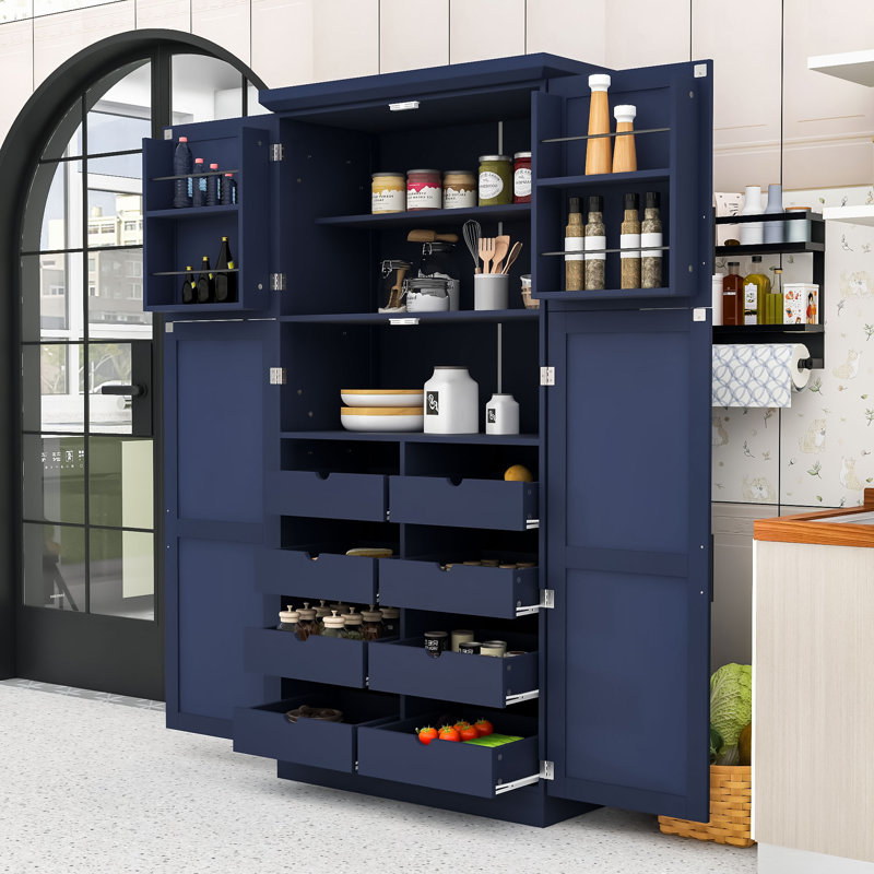 Spacious Freestanding Pantry Cabinet with Adjustable Shelves, Pull-Out Trays, Blue, Black