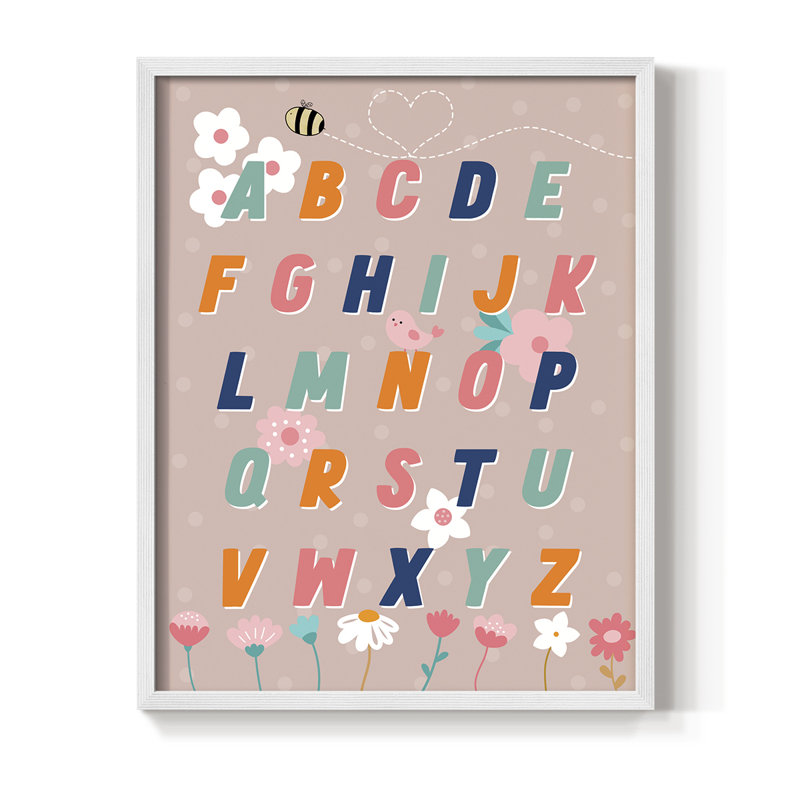 Impression encadrée alphabet floral - bois massif, H 15 po x l 12 po, Blanc