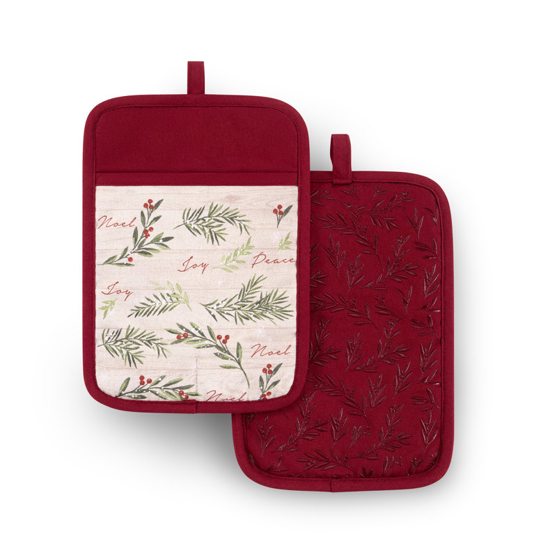 Threadmade Holiday Tree Trimmings  Pot Holders, Set of 2, Red - 7"W x 10"L