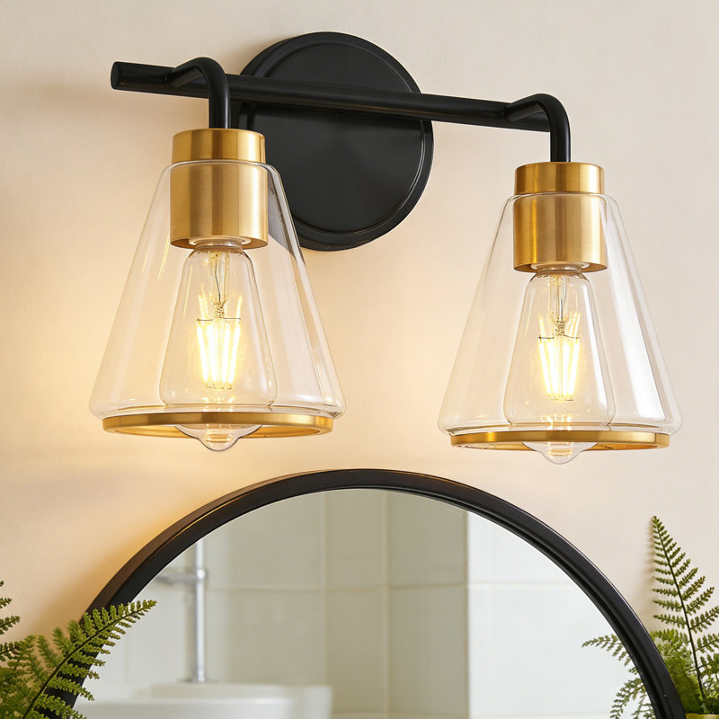 Luminaire de salle de bain moderne à 4 lumières or noir - intensité variable avec abat-jour en verre conique, Or noir