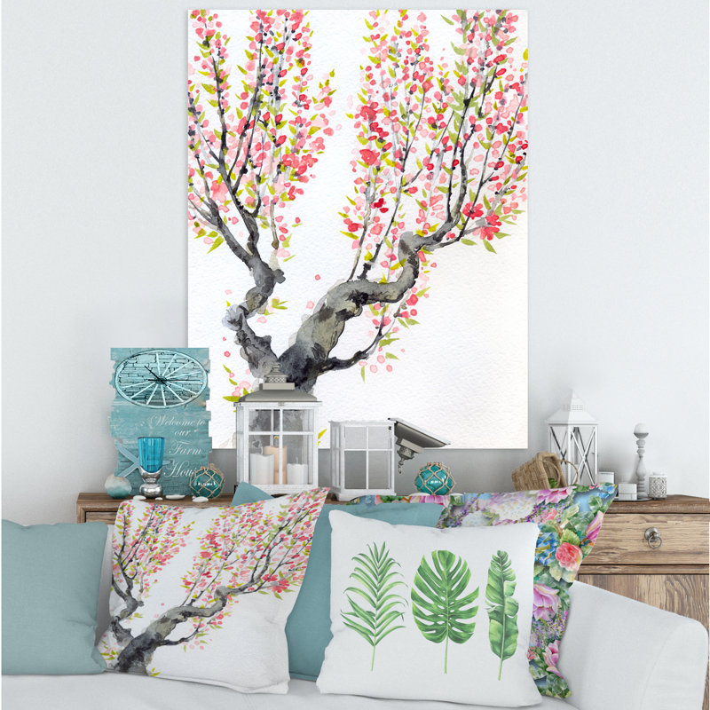 Printemps, fleurs rouges sur des branches d'arbre - imprimé traditionnel, H 32 po x l 16 po x P 1 po, Toile tendue