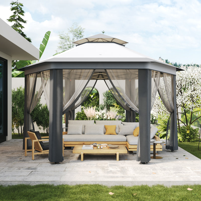 Abri de jardin escamotable 13 ', abri hexagonal avec filet en filet 6, tente d'événement avec structure en acier robuste