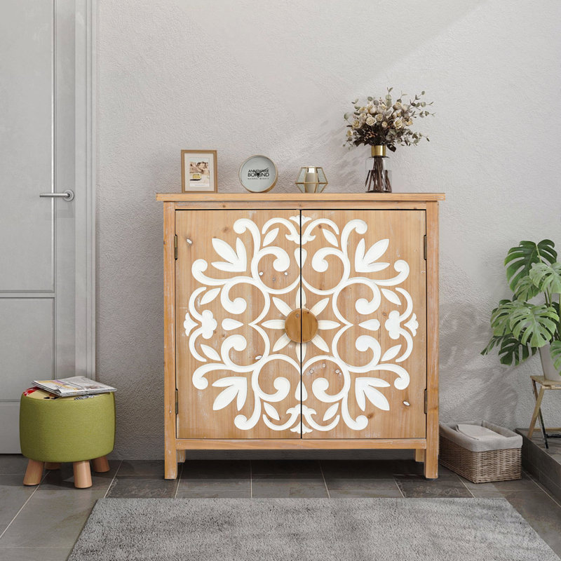 Rustic Wood 2-Door Accent Storage Cabinet With Floral Carved Doors