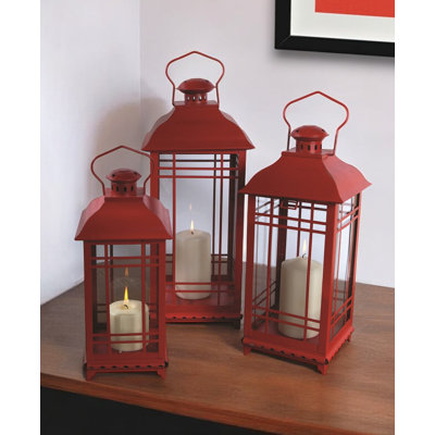 Set of Three Red Geometric Glass And Metal Floor Lantern Candle Holders