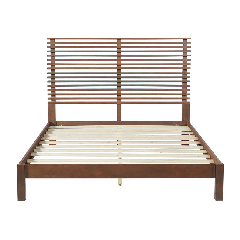 Davisboro Modern Solid Wood Bed Frame With Slatted Headboard, Walnut, Queen