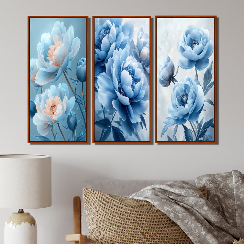 Blue Velvet Pe pivoines I - Collection d'art mural pivoines, H 28 po x l 36 po, Impression encadrée flottante, Brun
