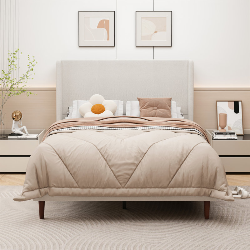 Base de lit tapissier moderne, lit moelleux élégant avec 12 lattes et dossier haut, Grand lit, Crème, crème