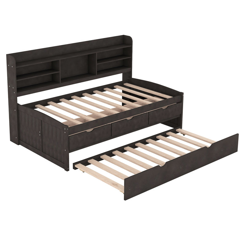 Lit simple en bois gris antique avec bibliothèque, trois tiroirs et un lit gigogne dans les espaces de bibliothèque intégrés de style classique, 3