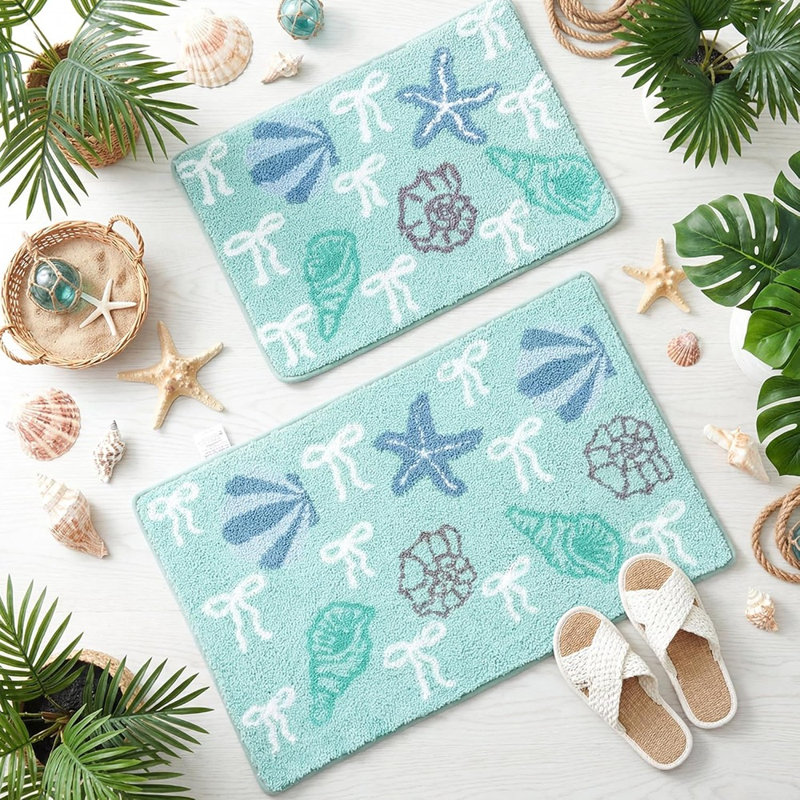 Ensemble de tapis de salle de bain 2 pièces, tapis de sol absorbant en flocage à thème de plage avec motif coquillage et étoile de mer, lavable à la machine, bleu sarcelle