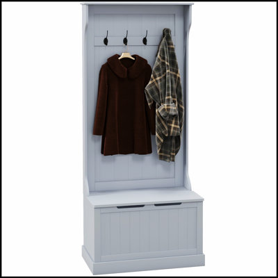 Gray Hall Tree with Storage Bench, Cabinets, and Hooks for Organized Entryways in Solid and Manufactured Wood
