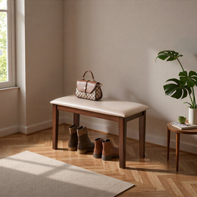 Solid Wood Frame Bench with Soft Breathable Tech Fabric Cushion, Heavy Duty Farmhouse Upholstered Stool, Multi-use Furniture for Dining Room, Entryway, Bedroom, Living Room