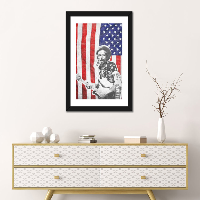 «Jimi Hendrix Big Flag», reproduction d'impression, H 24 po x l 16 po x P 1 po, Papier encadré noir, Blanc