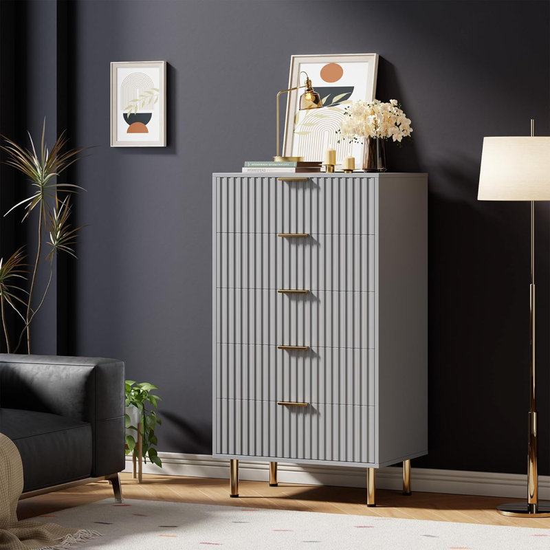 Commode 5 tiroirs 48 po pour chambre à coucher, commode moderne avec rangement profond 48 po, Gris
