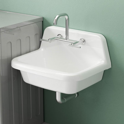 24" W x 17" D High Back Wall Mount Utility Sink White Fireclay with 2 Faucet Hole