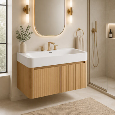 Meuble-lavabo mural de 30 po avec lavabo intégré à surface solide et portes à fermeture en douceur