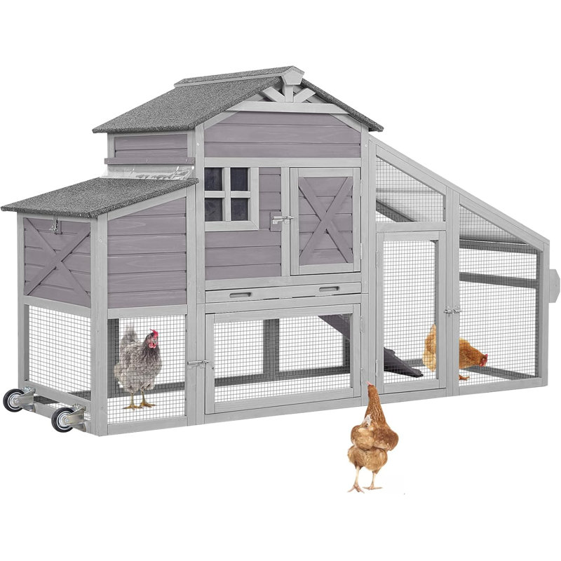 Chicken Coop Mobile Hen House with Nesting Box Outdoor Rabbit Hutch Poultry Cage 73.4" with Wheel for 2-4 Chickens,Grey, Grey