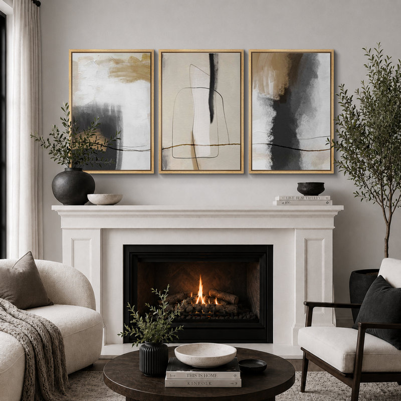 Grunge Abstract Paint Stroke Effect Tan Gray Neutral Organic Modern Pictures Framed Canvas Abstract Living Room Wall Art Painting Print