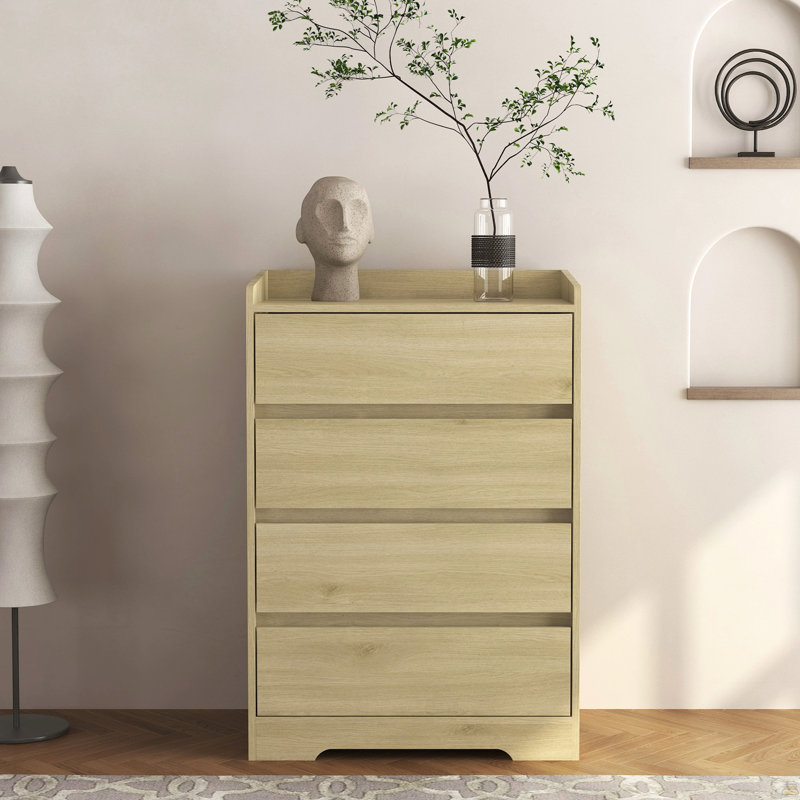 Commode 4 tiroirs, commode sans poignée, Marron clair