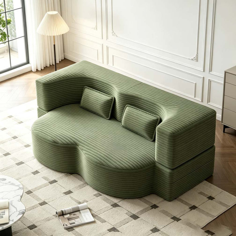 Modern Floor Sofa with 2 Pillows, Green, Corduroy