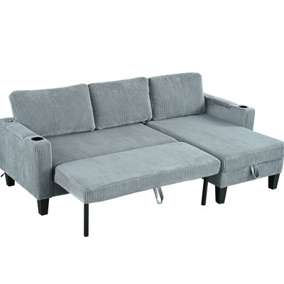 Gray Corduroy L-Shaped Sleeper With Reversible Design, Storage Chaise, And Charging For Living Room Bedroom - 84.4 In Depth, 51.09 Width, 34.97 Height, 114.32 Lb Weight 3 Arm Storage, Cup Holders