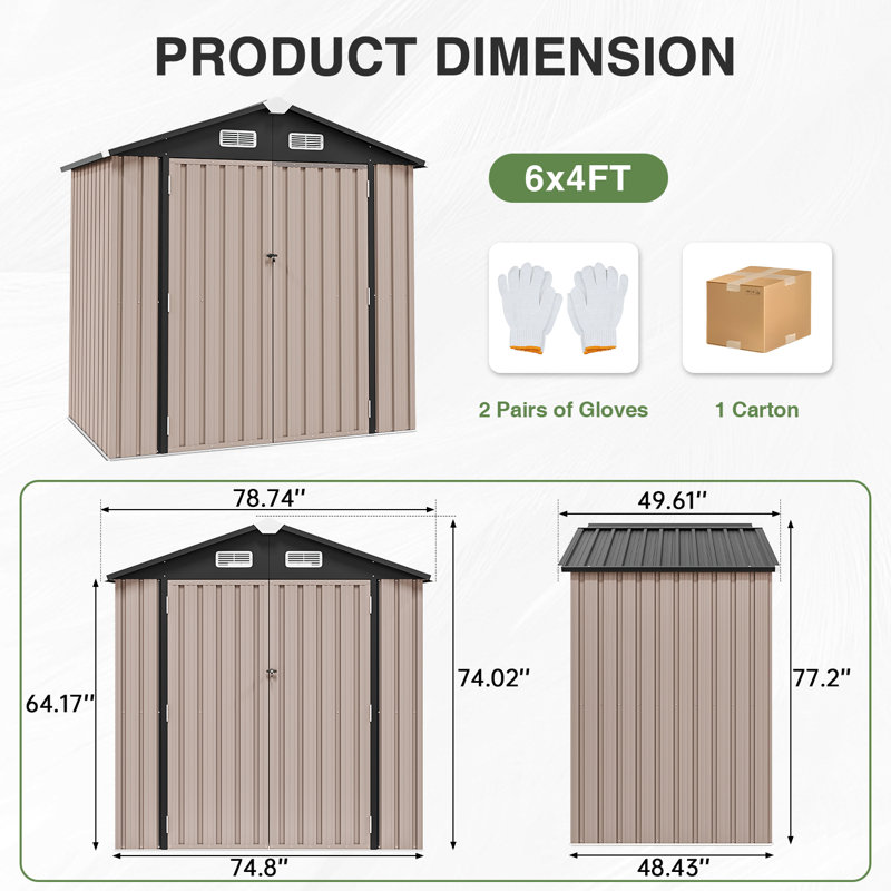6 ft. W x 4 ft. D Outdoor Metal Storage Sheds with Floor for Patio, Garden, Lawn, 6 ft. W x 4 ft. D 