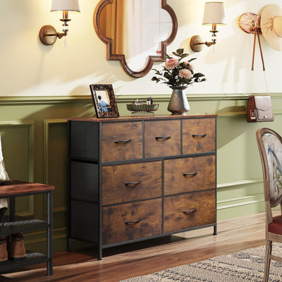 Meuble télé 7 tiroirs, meuble télé, console multimédia avec cadre en métal et plateau en bois pour téléviseur de 45 po ou moins, commode pour chambre à coucher, salon, imprimé grain de bois brun rustique
