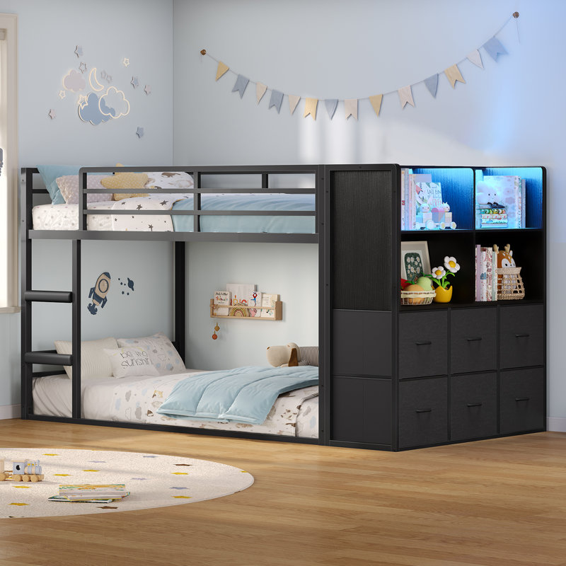 Lits simples superposés avec lumières à DEL et rangement, 6 tiroirs, lit superposé simple au-dessus de simple, lit bas en métal avec échelle de sécurité et garde-corps, peu encombrant