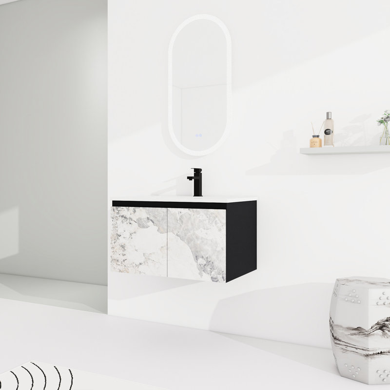 Meuble-lavabo flottant avec lavabo en céramique - noir, moderne, armoire de salle de bain en contreplaqué