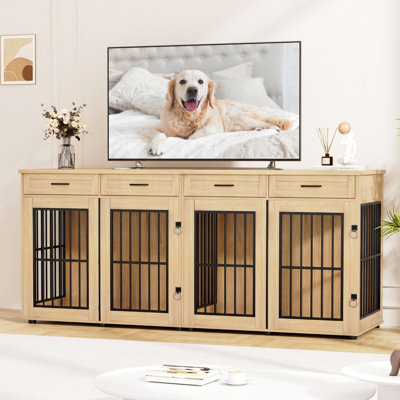 86.7" Double Dog Crates Furniture, Large Farmhouse Dog Kennel With 4 Drawers As Tv Stand, Heavy Duty Dog Cage For 2 Large Dogs
